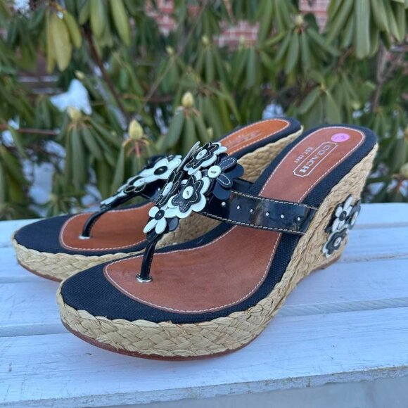 Coach Floral Leather Espadrille Jesica Wedge Sandals - Size 8.5 - Picture 1 of 9